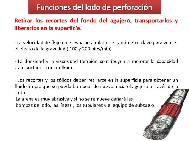 Funciones del lodo de perforación Retirar los recortes del fondo del agujero, transportarlos y