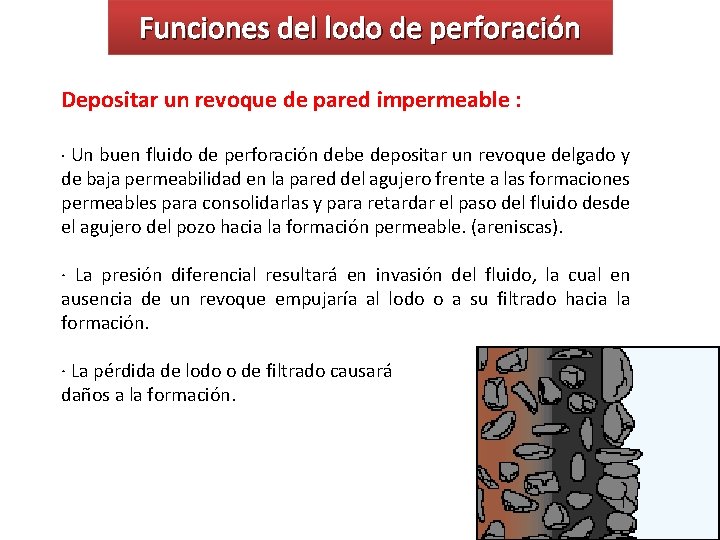 Funciones del lodo de perforación Depositar un revoque de pared impermeable : · Un