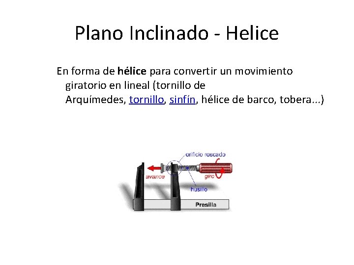 Plano Inclinado - Helice En forma de hélice para convertir un movimiento giratorio en