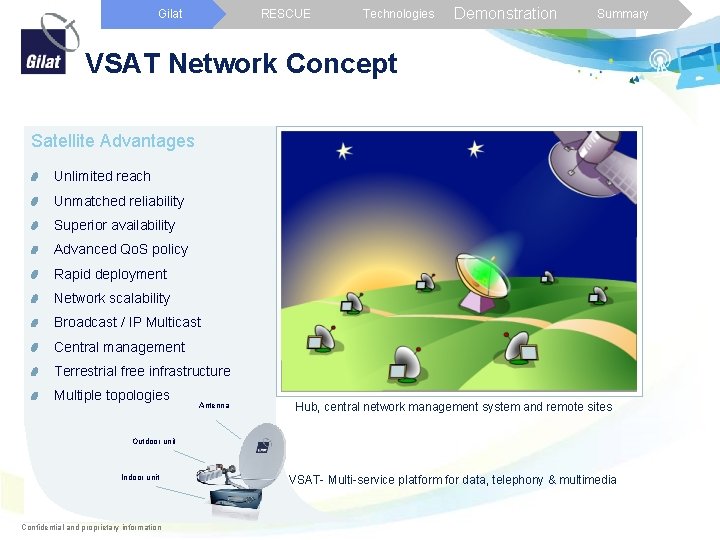 Gilat RESCUE Technologies Demonstration Summary VSAT Network Concept Satellite Advantages Unlimited reach Unmatched reliability