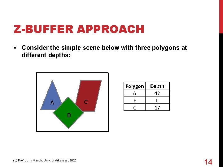 Z-BUFFER APPROACH § Consider the simple scene below with three polygons at different depths: