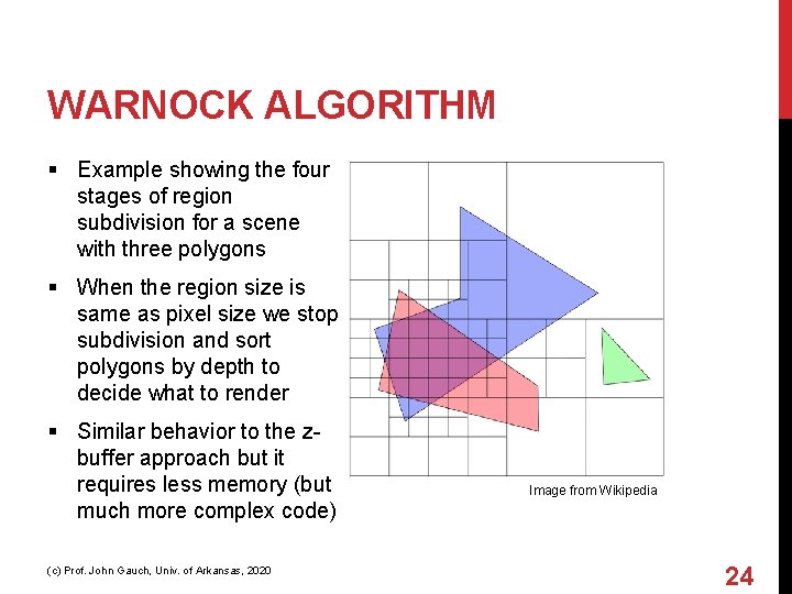 WARNOCK ALGORITHM § Example showing the four stages of region subdivision for a scene