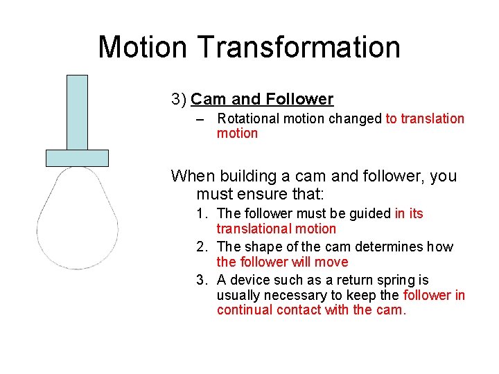 Motion Transformation 3) Cam and Follower – Rotational motion changed to translation motion When