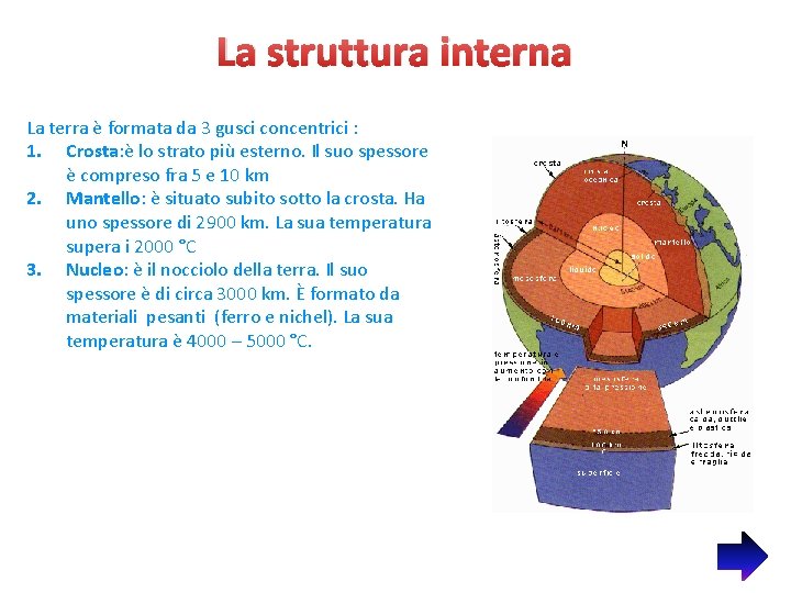 La struttura interna La terra è formata da 3 gusci concentrici : 1. Crosta: