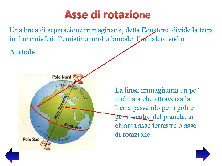 Asse di rotazione Una linea di separazione immaginaria, detta Equatore, divide la terra in