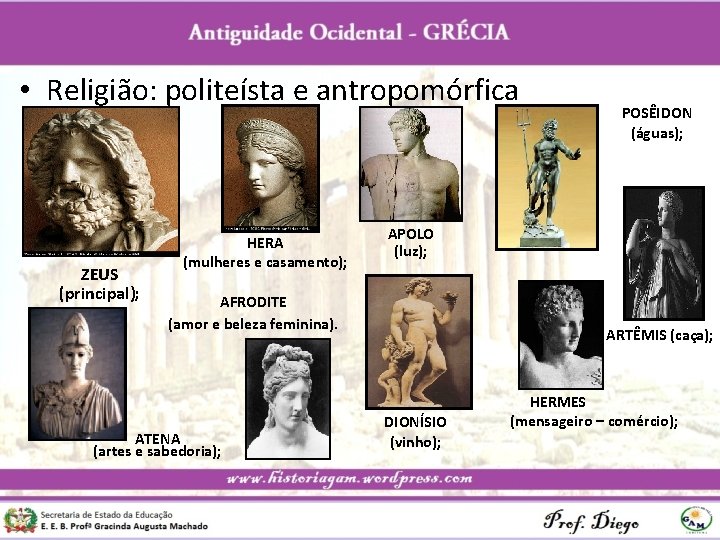  • Religião: politeísta e antropomórfica ZEUS (principal); HERA (mulheres e casamento); APOLO (luz);