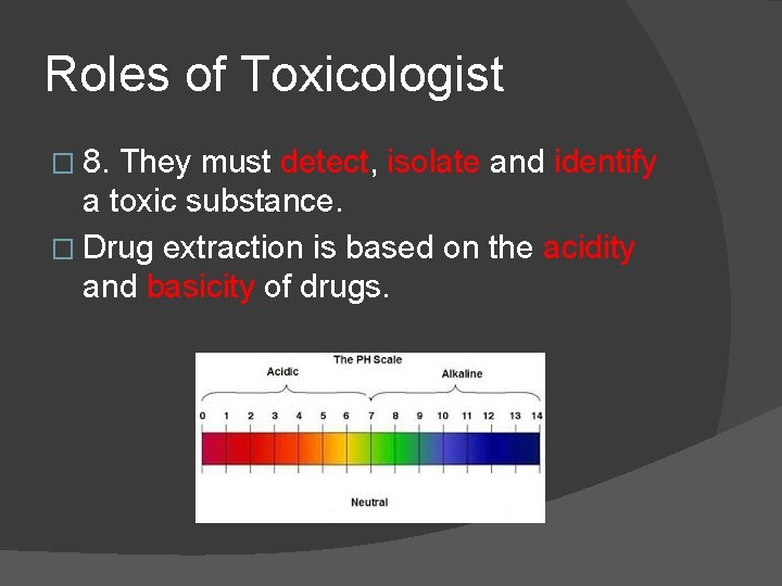 Roles of Toxicologist � 8. They must detect, isolate and identify a toxic substance.