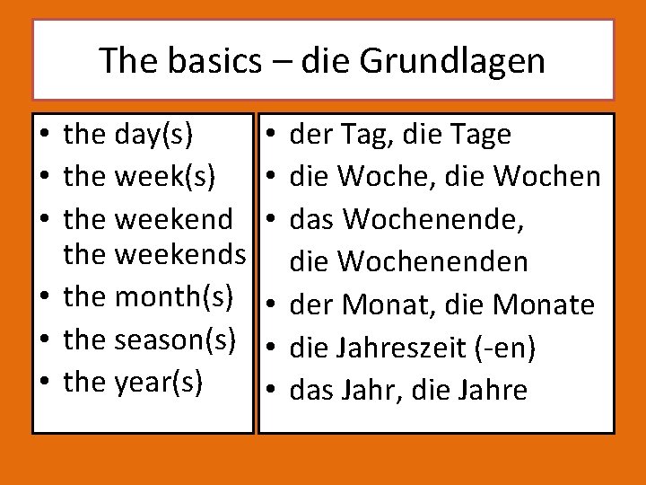 The basics – die Grundlagen • the day(s) • the weekends • the month(s)