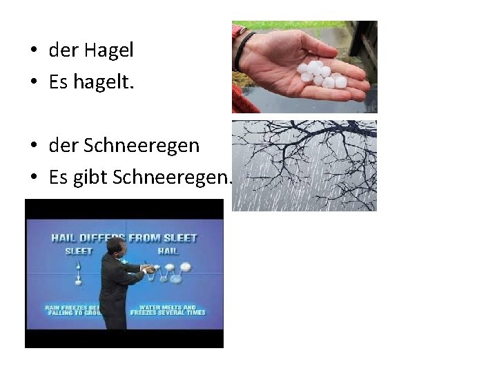  • der Hagel • Es hagelt. • der Schneeregen • Es gibt Schneeregen.