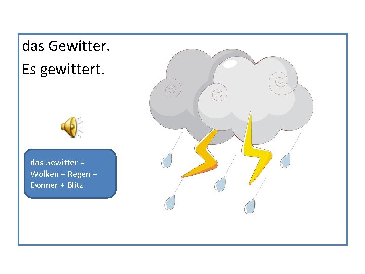 das Gewitter. Es gewittert. das Gewitter = Wolken + Regen + Donner + Blitz