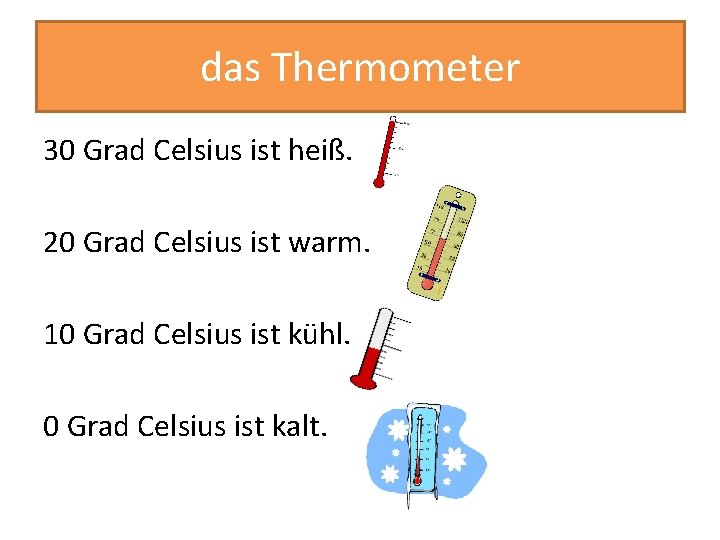 das Thermometer 30 Grad Celsius ist heiß. 20 Grad Celsius ist warm. 10 Grad