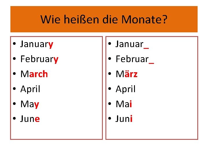 Wie heißen die Monate? • • • January February March April May June •