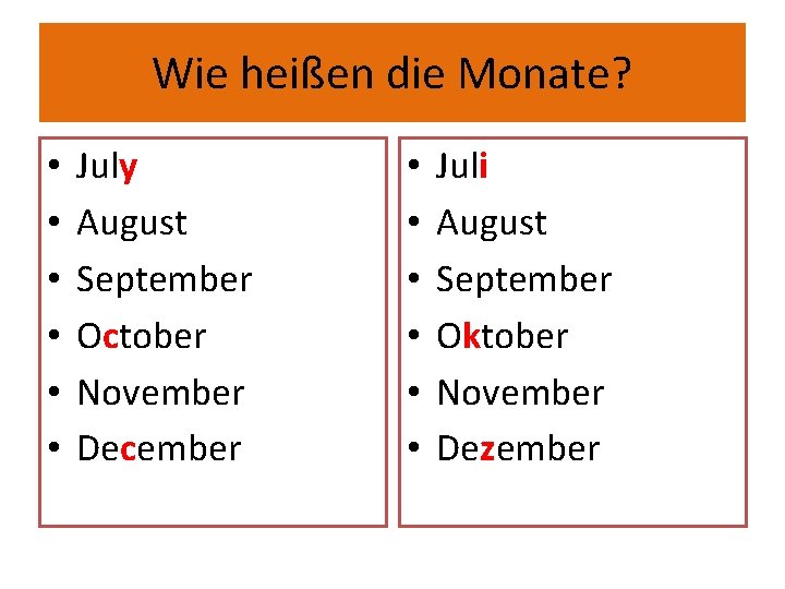 Wie heißen die Monate? • • • July August September October November December •