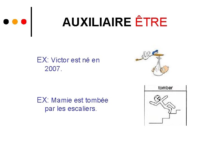 AUXILIAIRE ÊTRE EX: Victor est né en 2007. EX: Mamie est tombée par les