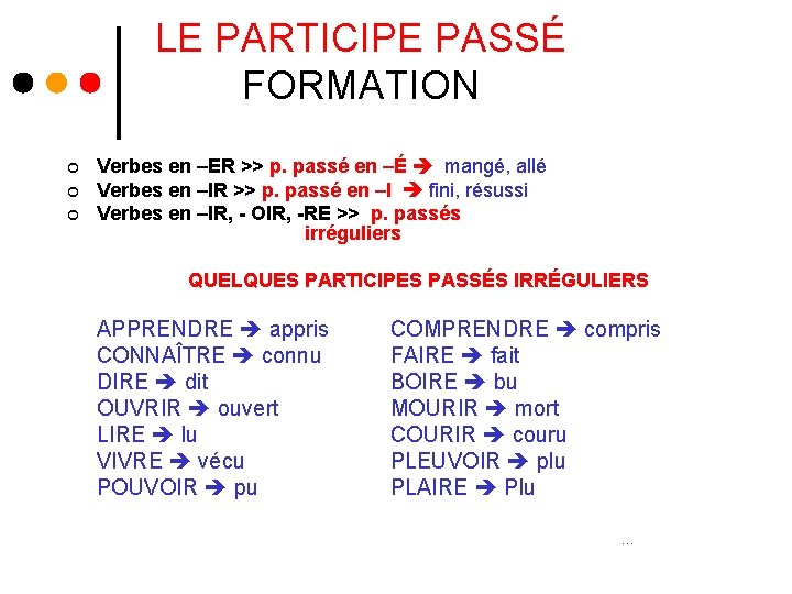 LE PARTICIPE PASSÉ FORMATION ¢ ¢ ¢ Verbes en –ER >> p. passé en