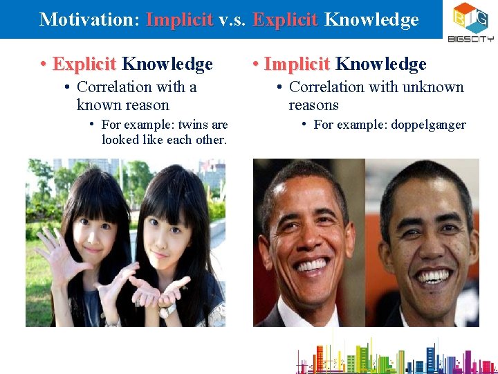 Motivation: Implicit v. s. Explicit Knowledge • Correlation with a known reason • For