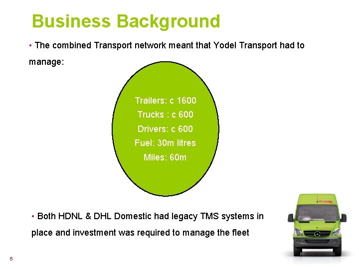 Business Background • The combined Transport network meant that Yodel Transport had to manage: