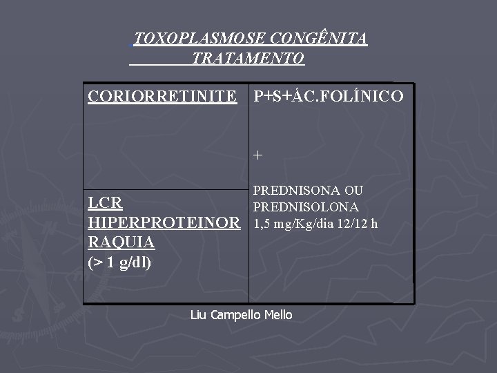 TOXOPLASMOSE CONGÊNITA TRATAMENTO CORIORRETINITE P+S+ÁC. FOLÍNICO + LCR HIPERPROTEINOR RAQUIA (> 1 g/dl) PREDNISONA