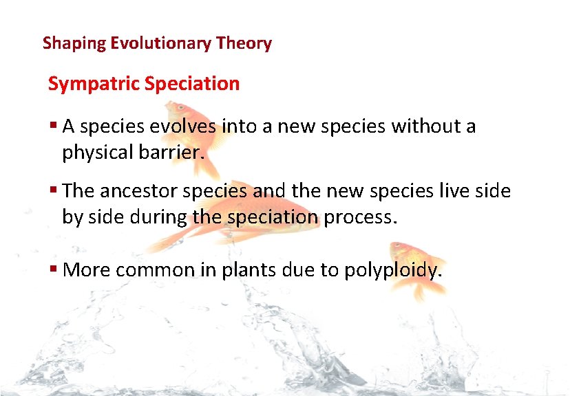 Evolution Shaping Evolutionary Theory Sympatric Speciation § A species evolves into a new species