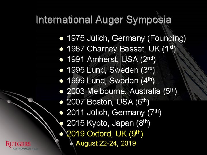 International Auger Symposia l l l l l 1975 Jülich, Germany (Founding) 1987 Charney