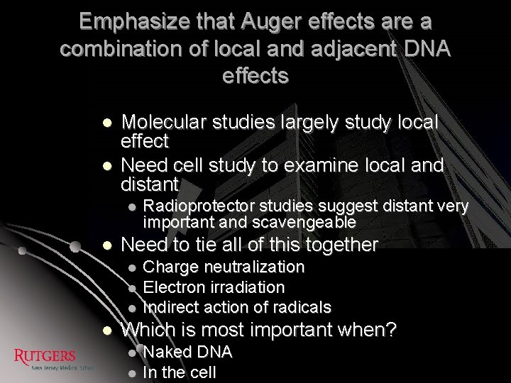 Emphasize that Auger effects are a combination of local and adjacent DNA effects l