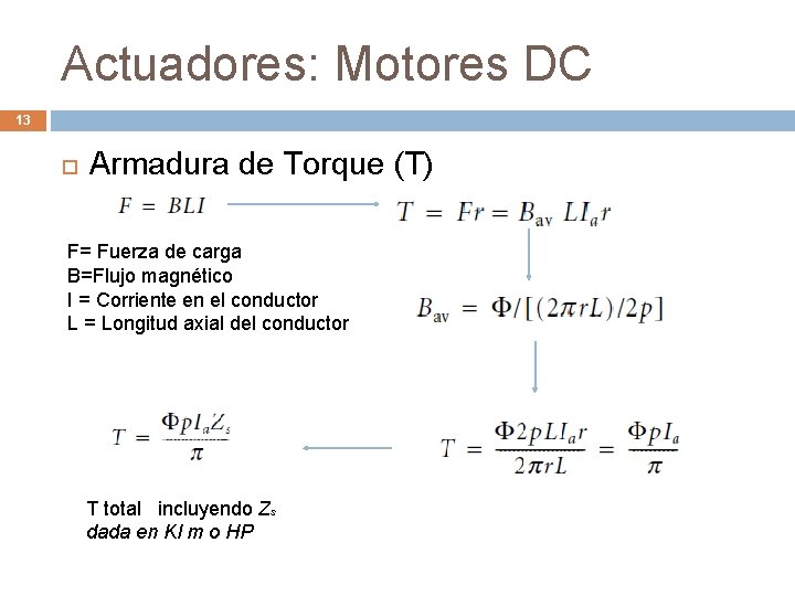 Actuadores: Motores DC 13 Armadura de Torque (T) F= Fuerza de carga B=Flujo magnético