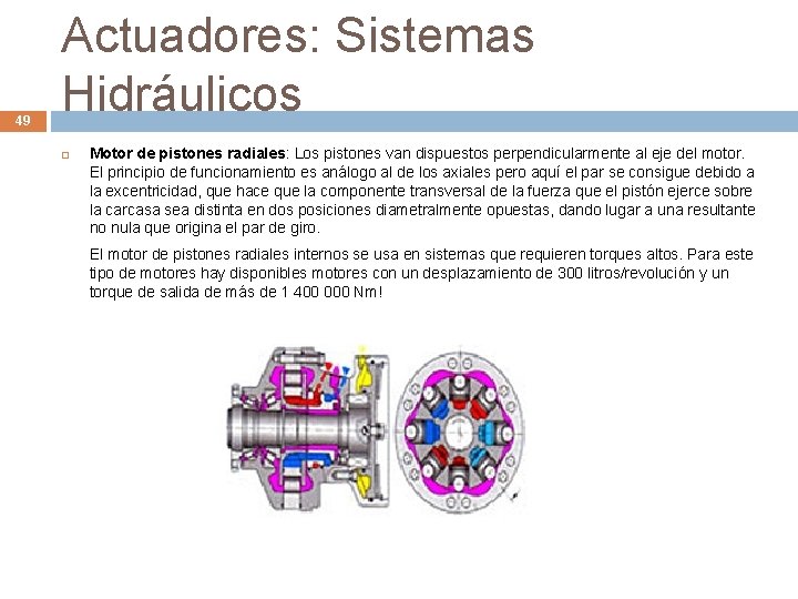 49 Actuadores: Sistemas Hidráulicos Motor de pistones radiales: Los pistones van dispuestos perpendicularmente al