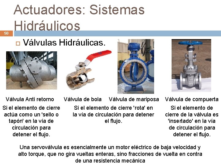 50 Actuadores: Sistemas Hidráulicos Válvulas Hidráulicas. Válvula Anti retorno Si el elemento de cierre