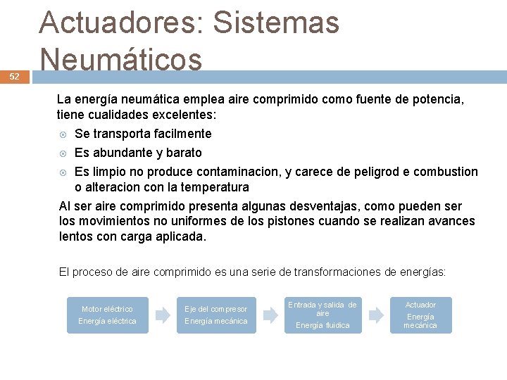 52 Actuadores: Sistemas Neumáticos La energía neumática emplea aire comprimido como fuente de potencia,