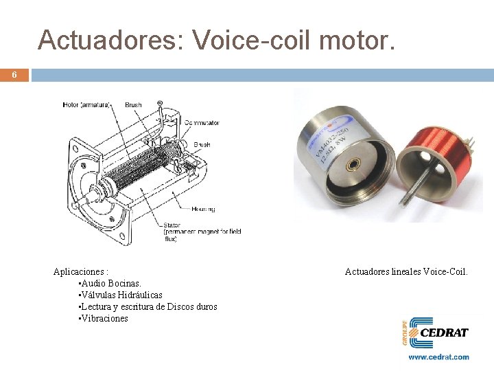 Actuadores: Voice-coil motor. 6 Aplicaciones : • Audio Bocinas. • Válvulas Hidráulicas • Lectura