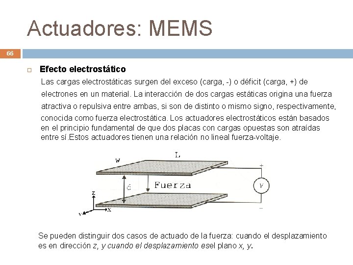 Actuadores: MEMS 66 Efecto electrostático Las cargas electrostáticas surgen del exceso (carga, -) o