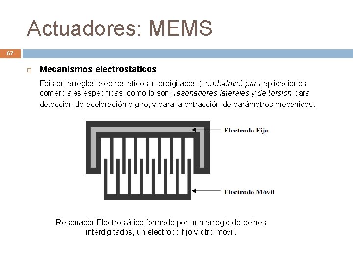 Actuadores: MEMS 67 Mecanismos electrostaticos Existen arreglos electrostáticos interdigitados (comb-drive) para aplicaciones comerciales específicas,