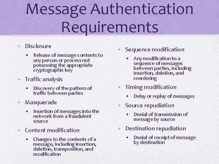 Message Authentication Requirements • Disclosure • Release of message contents to any person or