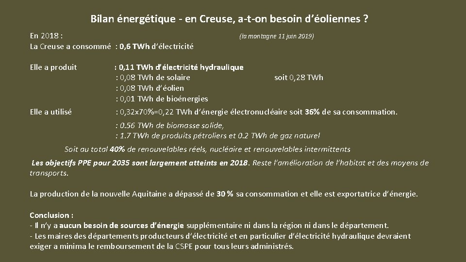 Bilan énergétique - en Creuse, a-t-on besoin d’éoliennes ? En 2018 : La Creuse