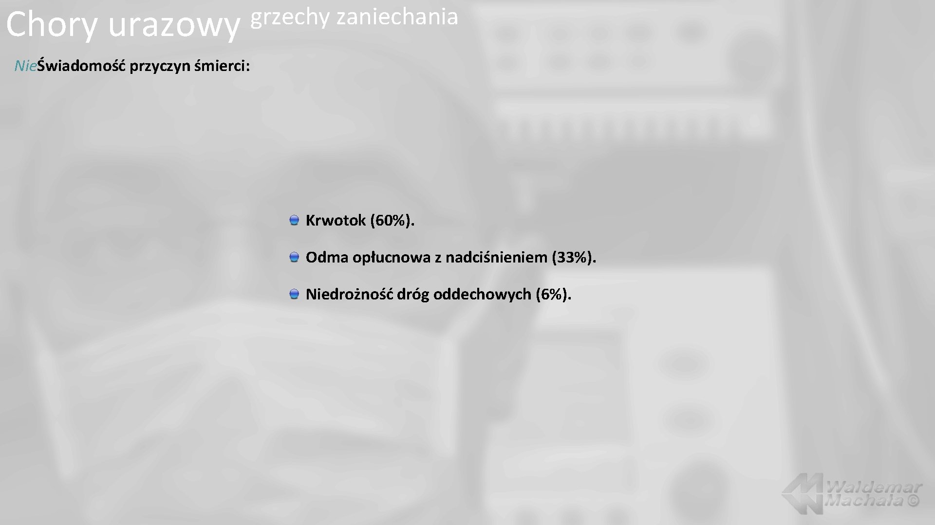 Chory urazowy grzechy zaniechania NieŚwiadomość przyczyn śmierci: Krwotok (60%). Odma opłucnowa z nadciśnieniem (33%).