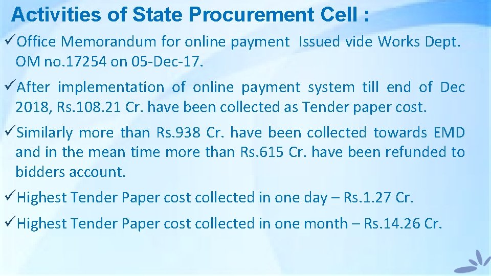 Activities of State Procurement Cell : üOffice Memorandum for online payment Issued vide Works