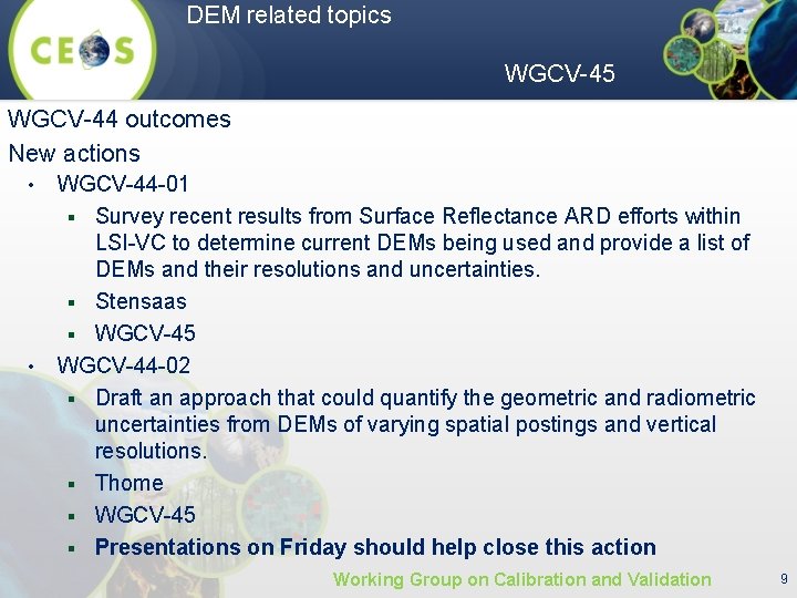 DEM related topics WGCV-45 WGCV-44 outcomes New actions • • WGCV-44 -01 § Survey