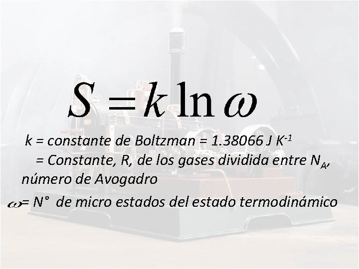 k = constante de Boltzman = 1. 38066 J K-1 = Constante, R, de