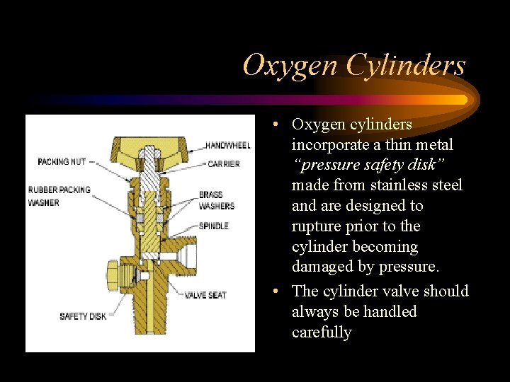 Oxygen Cylinders • Oxygen cylinders incorporate a thin metal “pressure safety disk” made from