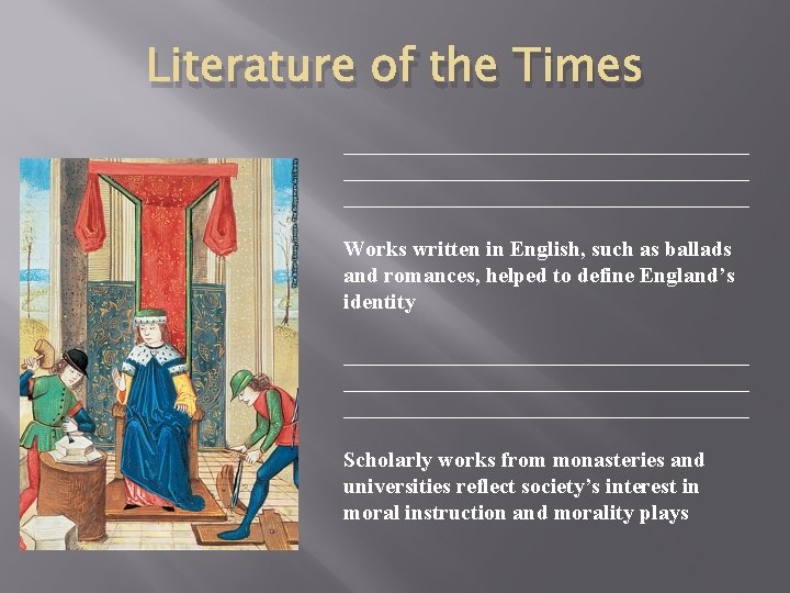 Literature of the Times _____________________________________ Works written in English, such as ballads and romances,