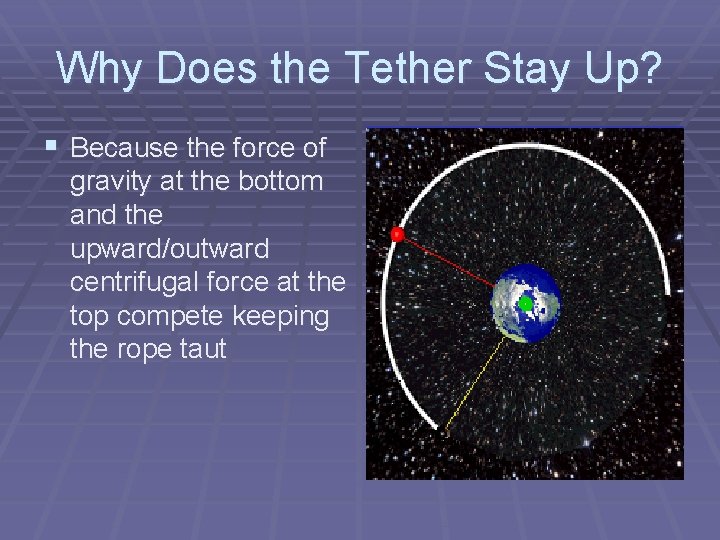 Why Does the Tether Stay Up? § Because the force of gravity at the