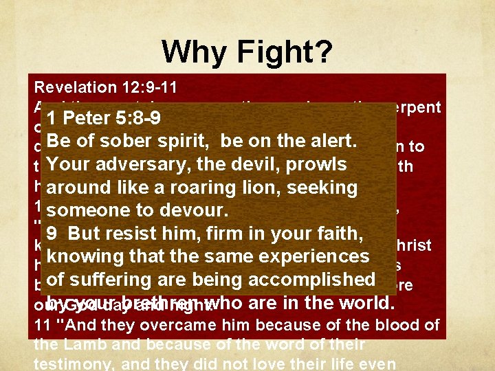 Why Fight? Revelation 12: 9 -11 And the great dragon was thrown down, the