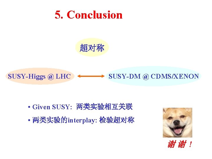 5. Conclusion 超对称 SUSY-Higgs @ LHC SUSY-DM @ CDMS/XENON • Given SUSY: 两类实验相互关联 •