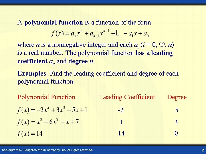 A polynomial function is a function of the form where n is a nonnegative