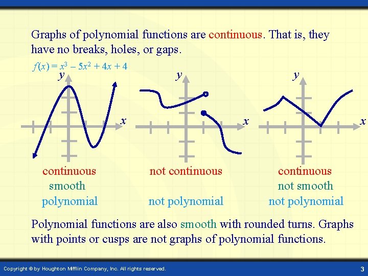 Graphs of polynomial functions are continuous. That is, they have no breaks, holes, or