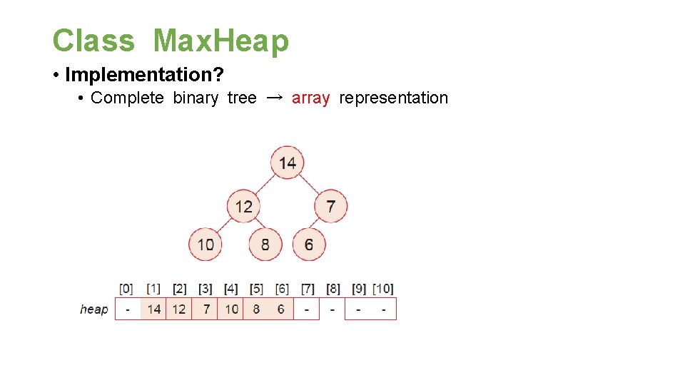 Class Max. Heap • Implementation? • Complete binary tree → array representation 