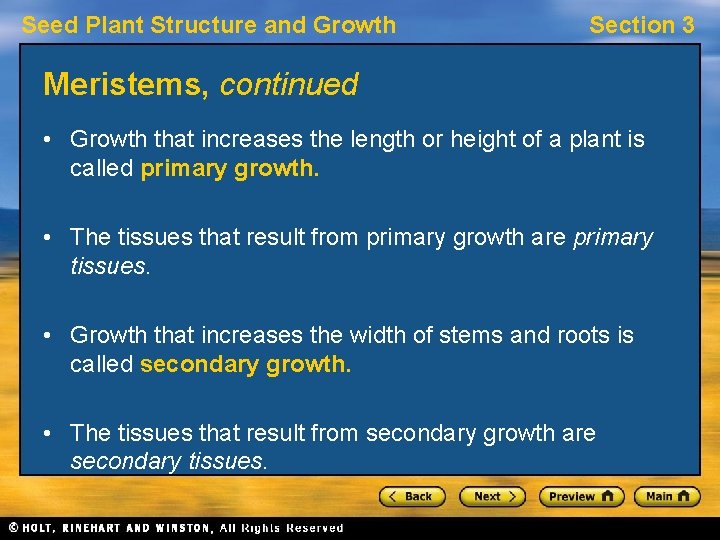 Seed Plant Structure and Growth Section 3 Meristems, continued • Growth that increases the