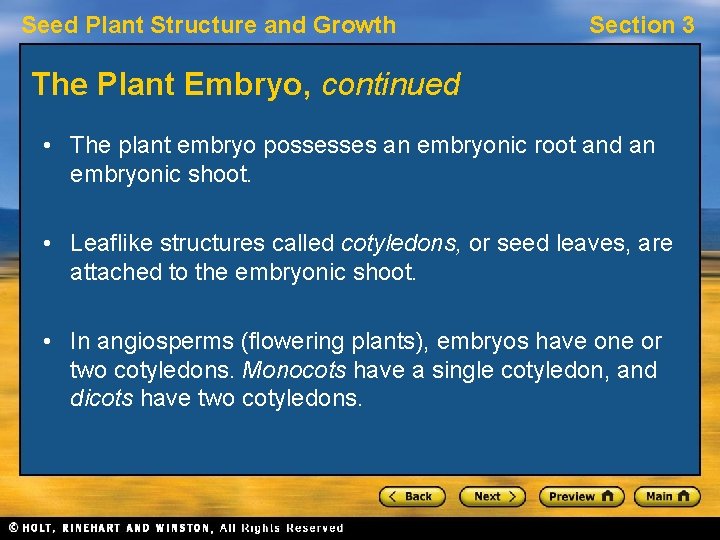 Seed Plant Structure and Growth Section 3 The Plant Embryo, continued • The plant