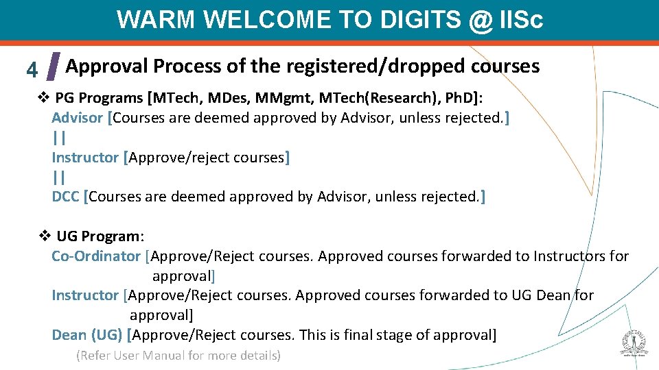 WARM WELCOME TO DIGITS @ IISc 4 Approval Process of the registered/dropped courses v