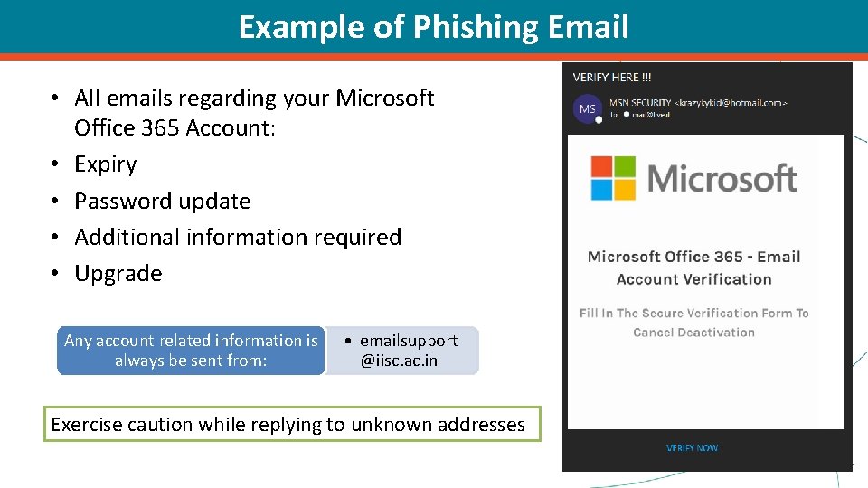 Example of Phishing Email • All emails regarding your Microsoft Office 365 Account: •